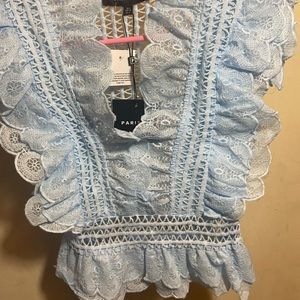 Blue Top with Lace trim and Lattice Detail